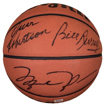 Hall of Famers Multi-Signed Basketball Signed by 5 Including Jordan, Russell, Bird, Johnson and Robertson - LE 30/100 (UDA & PSA/DNA)